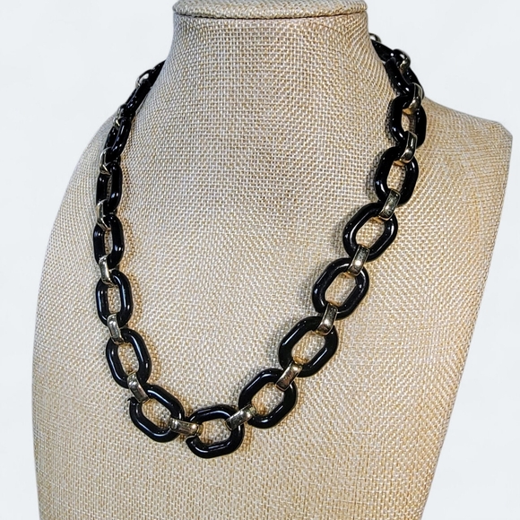 Black and Gold Tone Chain Link Necklace Classic Statement Chunky Resin - Picture 16 of 16
